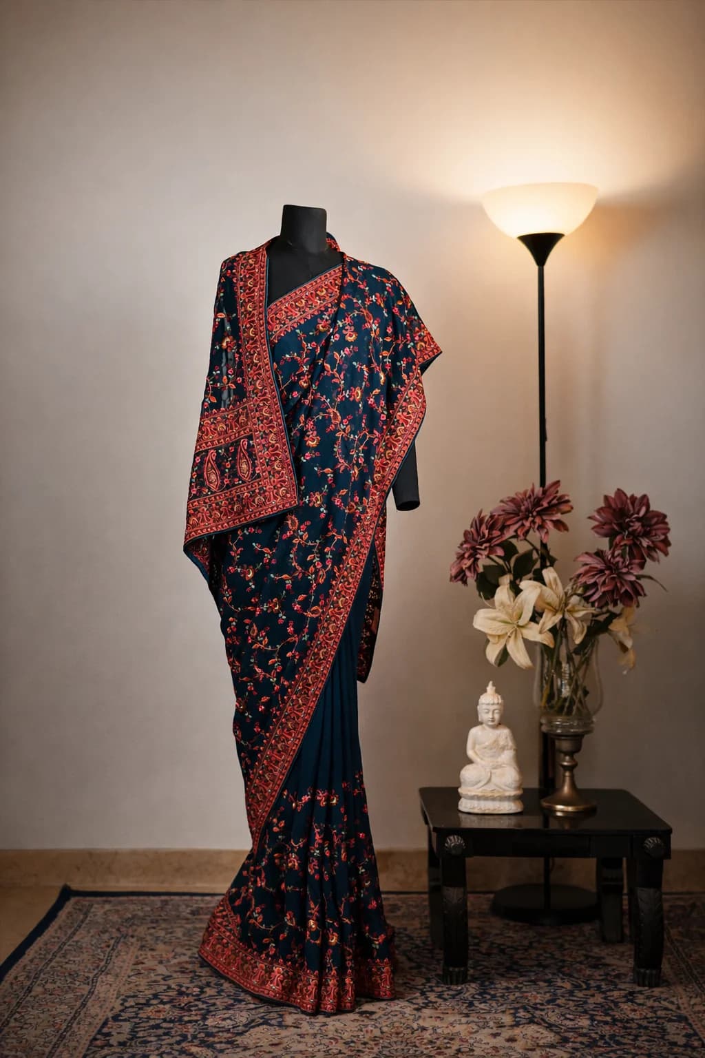 Peacock Blue Georgette Kashmiri Embroidery Saree