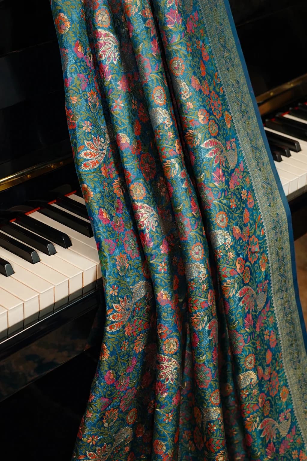 Teal Blue Banarasi Pashmina Silk Saree