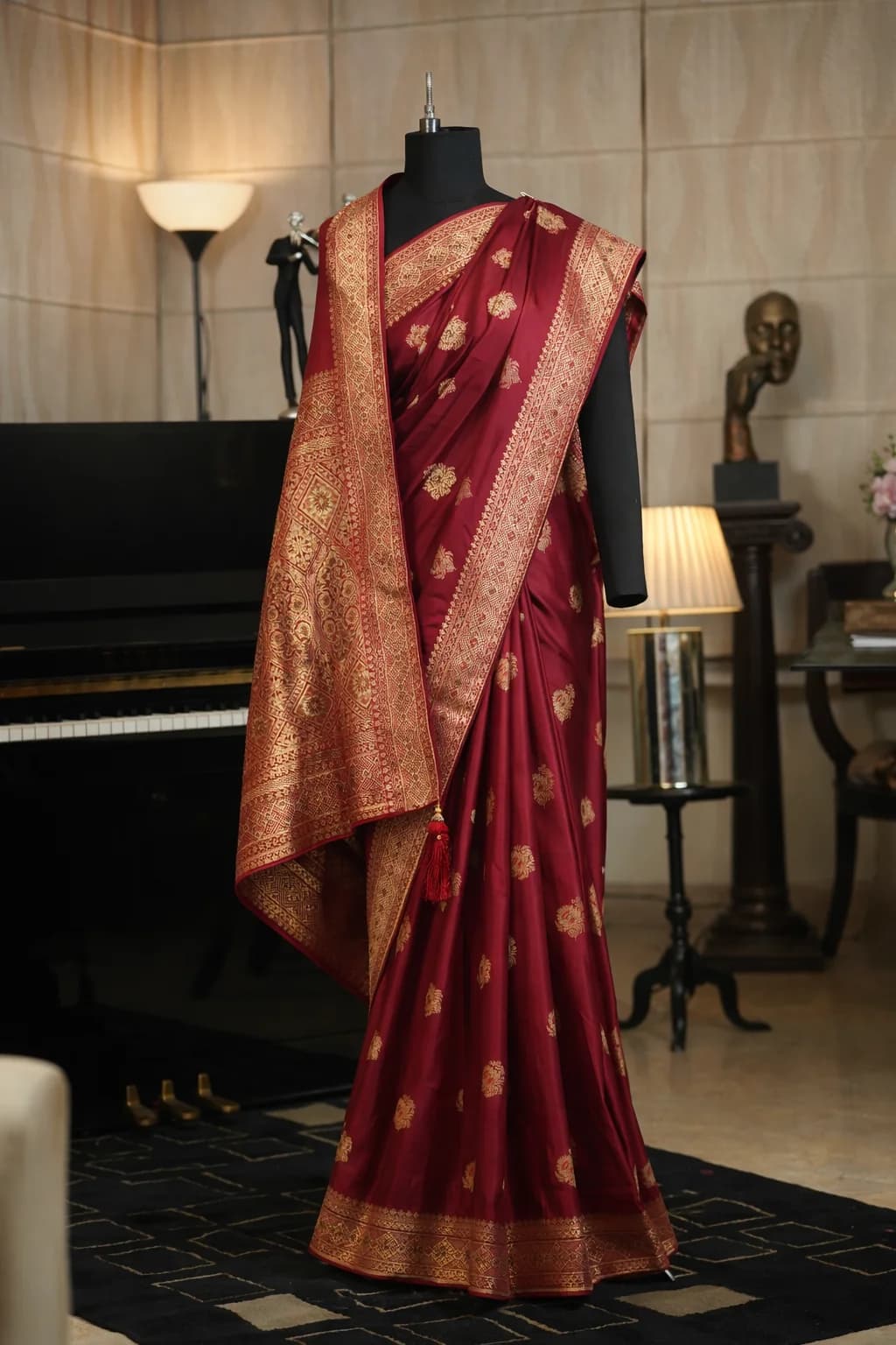 Maroon Soft Silk Swarovski Zari Weave Saree