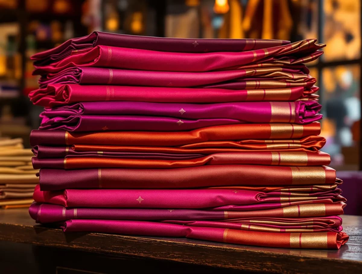 Folded silk sarees in reds and golds stacked on the counter